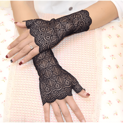Women's elegant fishnet lace long fingerless gloves, gothic and vintage style accessory.