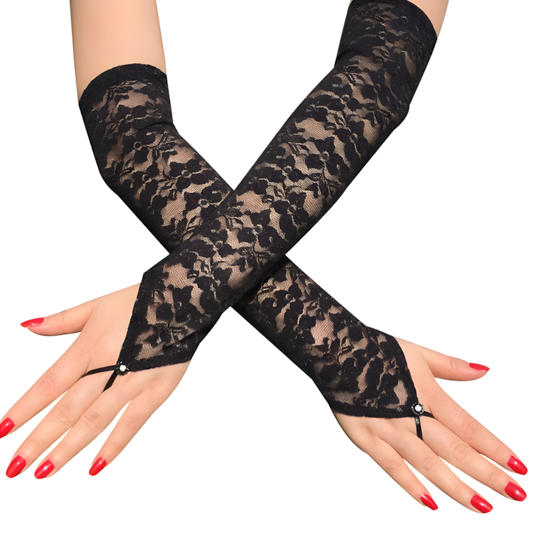 Women's elegant fishnet lace long fingerless gloves, gothic and vintage style accessory.