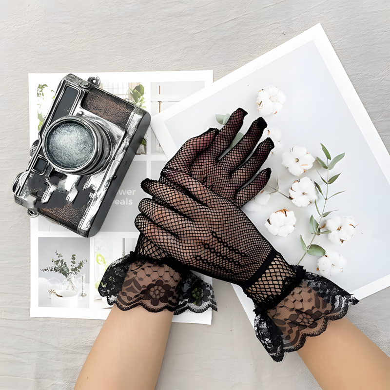 Women's elegant fishnet lace long fingerless gloves, gothic and vintage style accessory.