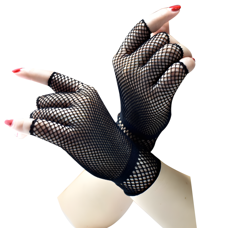 Women's elegant fishnet lace long fingerless gloves, gothic and vintage style accessory.