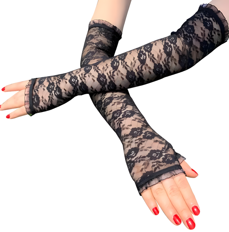 Women's elegant fishnet lace long fingerless gloves, gothic and vintage style accessory.