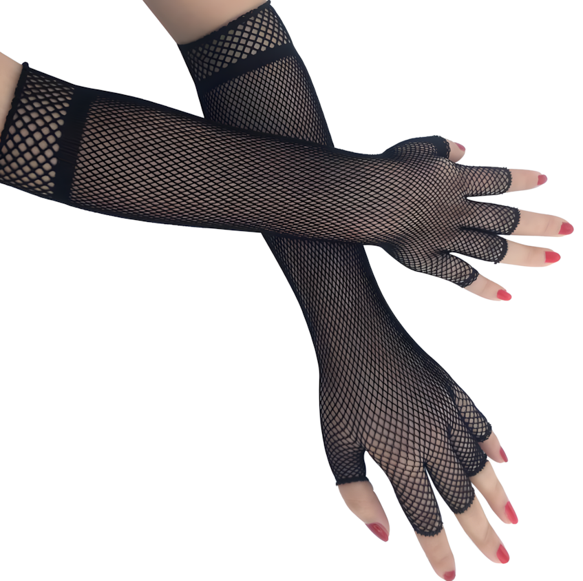 Women's elegant fishnet lace long fingerless gloves, gothic and vintage style accessory.
