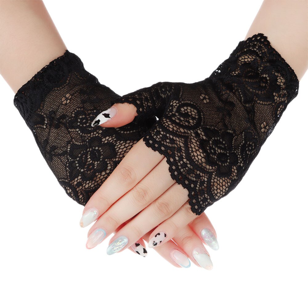 Women's elegant fishnet lace long fingerless gloves, gothic and vintage style accessory.