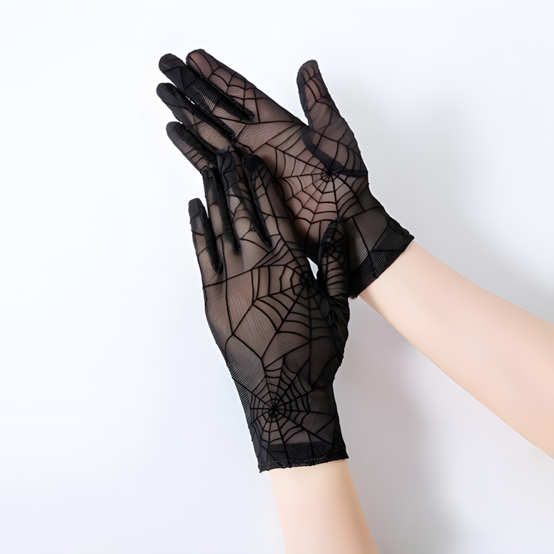 Women's elegant fishnet lace long fingerless gloves, gothic and vintage style accessory.