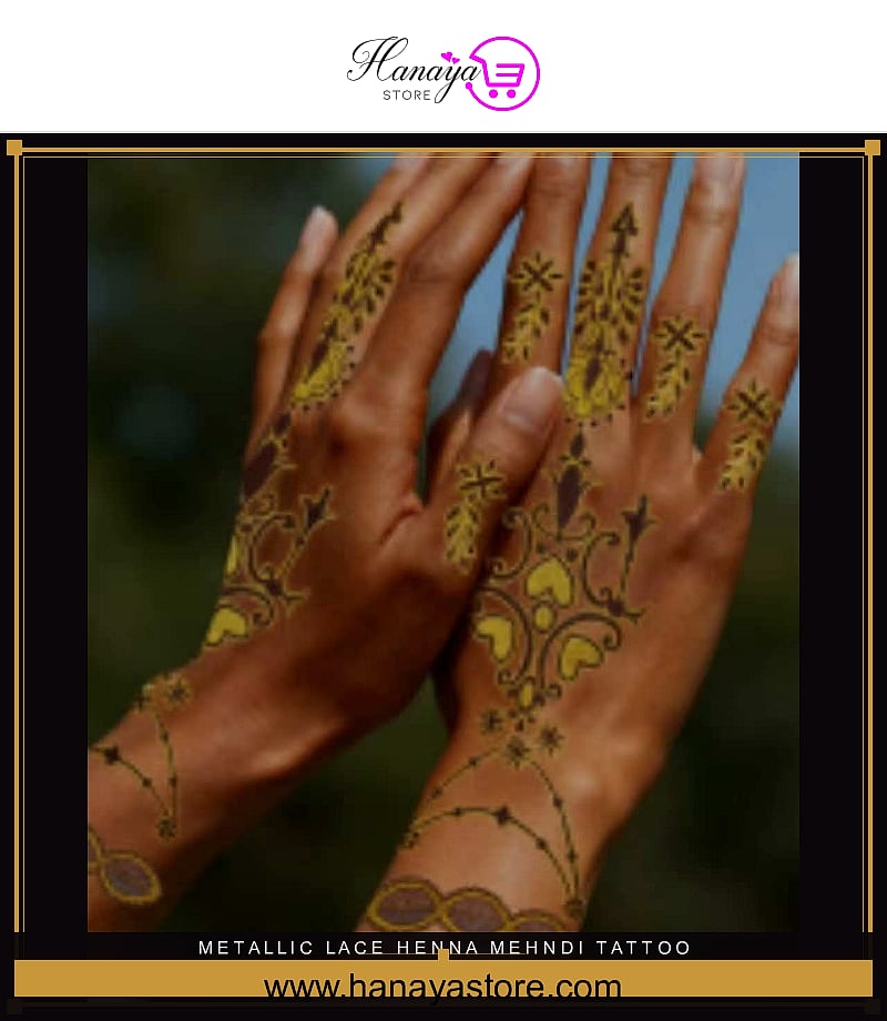 Temporary tattoos in Pakistan – gold metallic lace mehndi tattoo sticker on hand, Hanaya Store