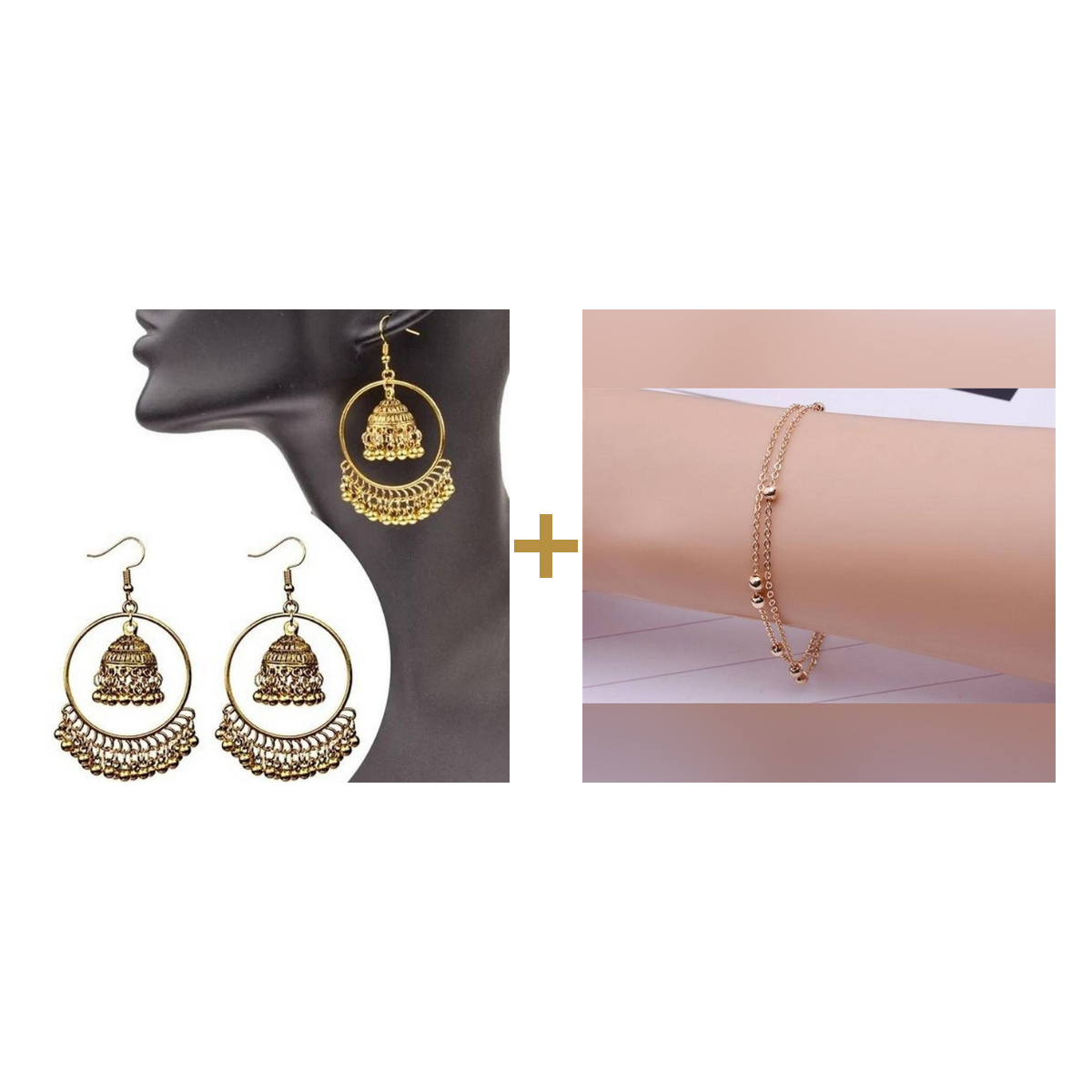 Golden Jhumki Earrings + Bead Bracelet bundle