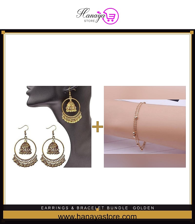 Golden Jhumki Earrings + Bead Bracelet bundle
