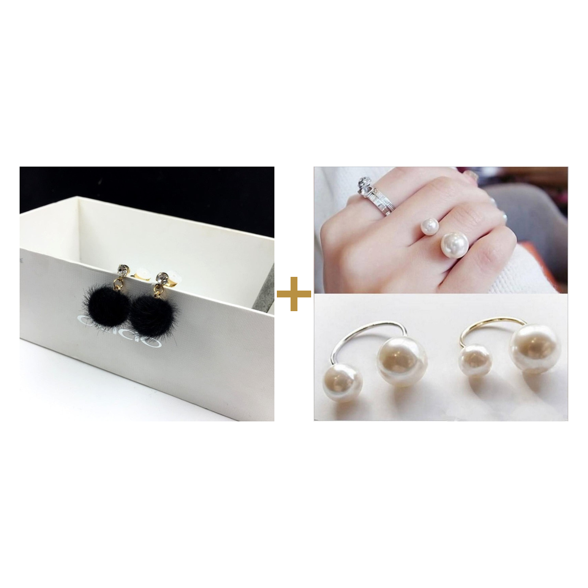 Velvet Pom Earrings + Pearl Rings bundle