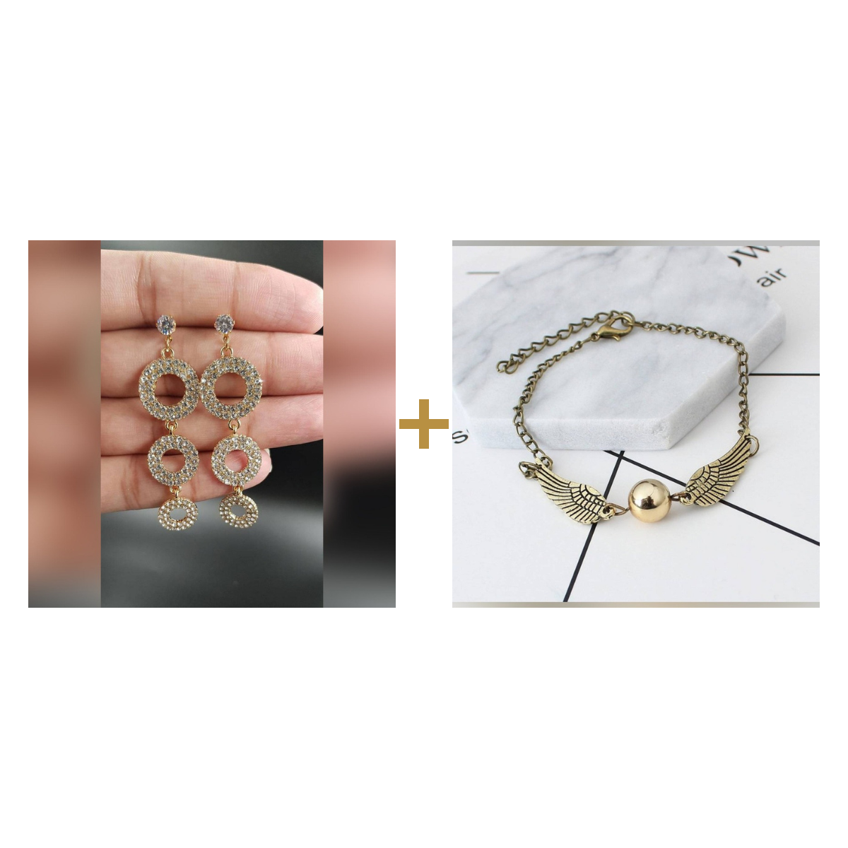 Crystal Rhinestone Hoop Earrings + Wings Bracelet bundle