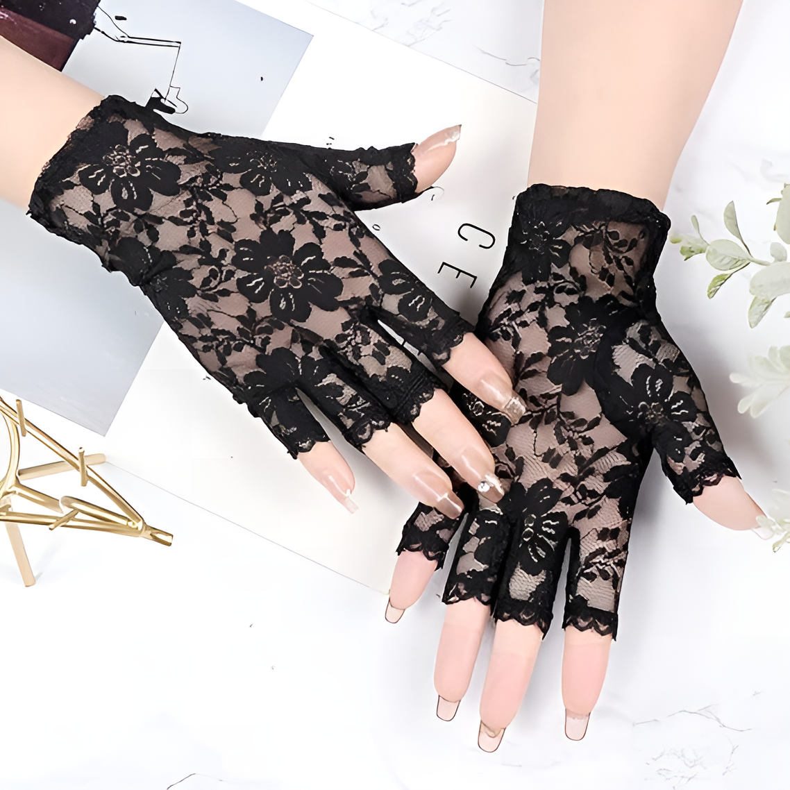 Fishnet Lace Hollow Till Wrist Elasticity Gloves Fashionable Women Gloves