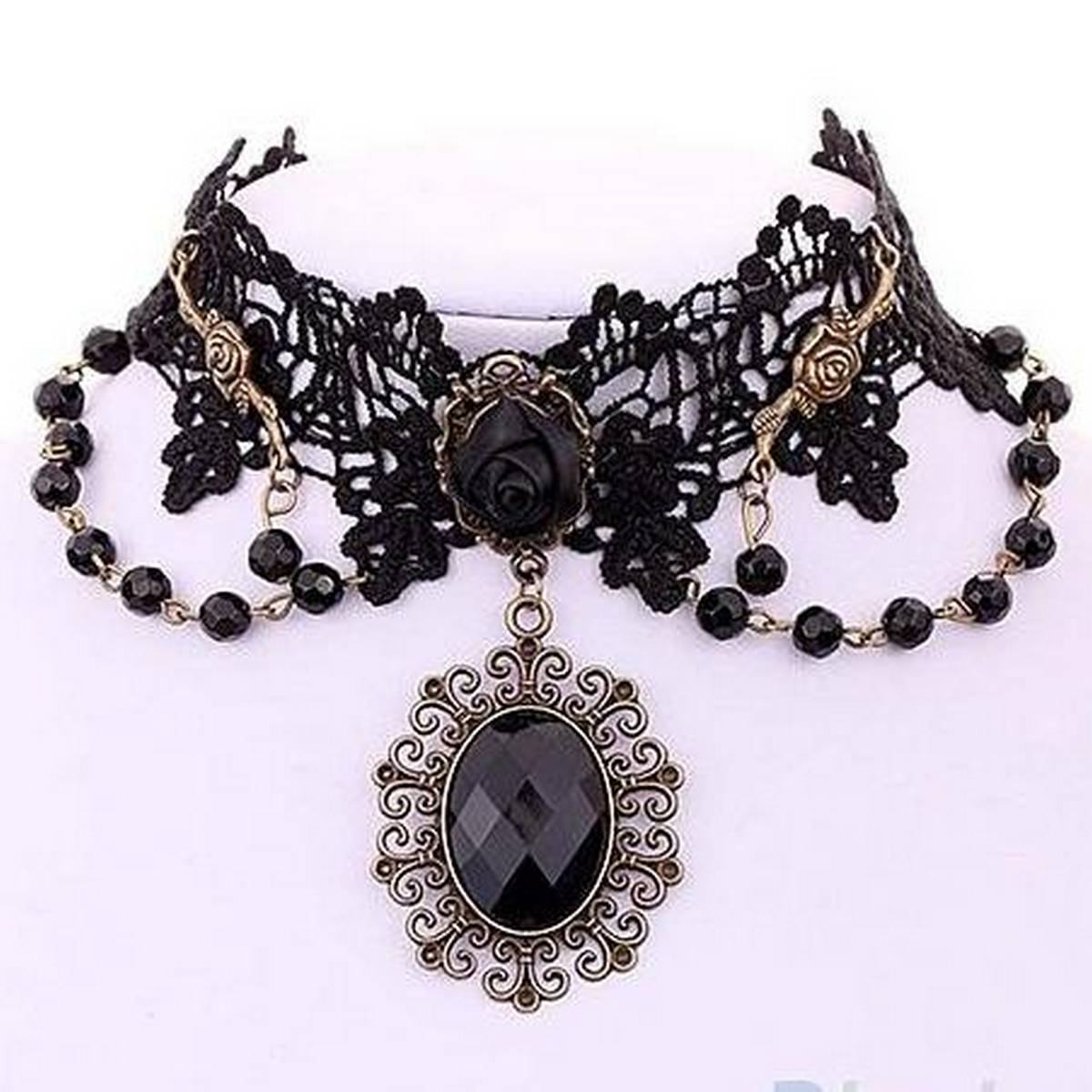 Trendy Vintage Black Flower Lace Choker Necklace Beads Chain Pendant Rose Style -FREE Gift Box – Accessories Online in Pak...