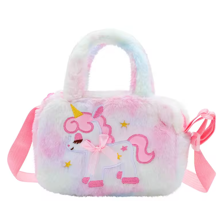 Little Girls Rainbow Fluffy Unicorn Kid Embroidery Unicorn Plush Crossbody Purses And Handbags Purse Cute Furry Shoulder B...