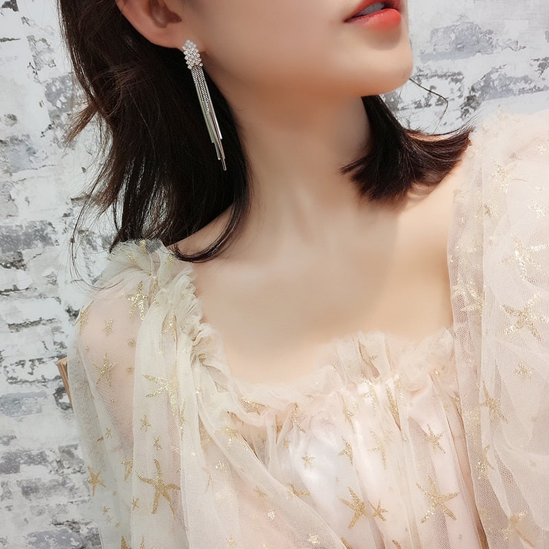 Trendy Classy Silver Crystal Tassel Earrings – Earrings Online in Pakistan | Hanaya