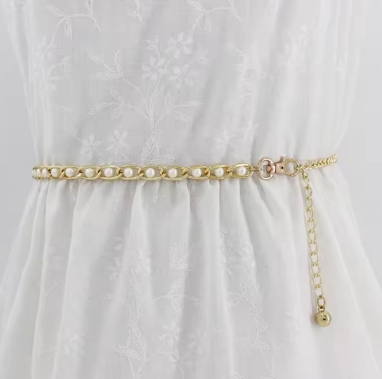 Thin metal waist chain belt – styling shot for frock Pakistan – Hanaya