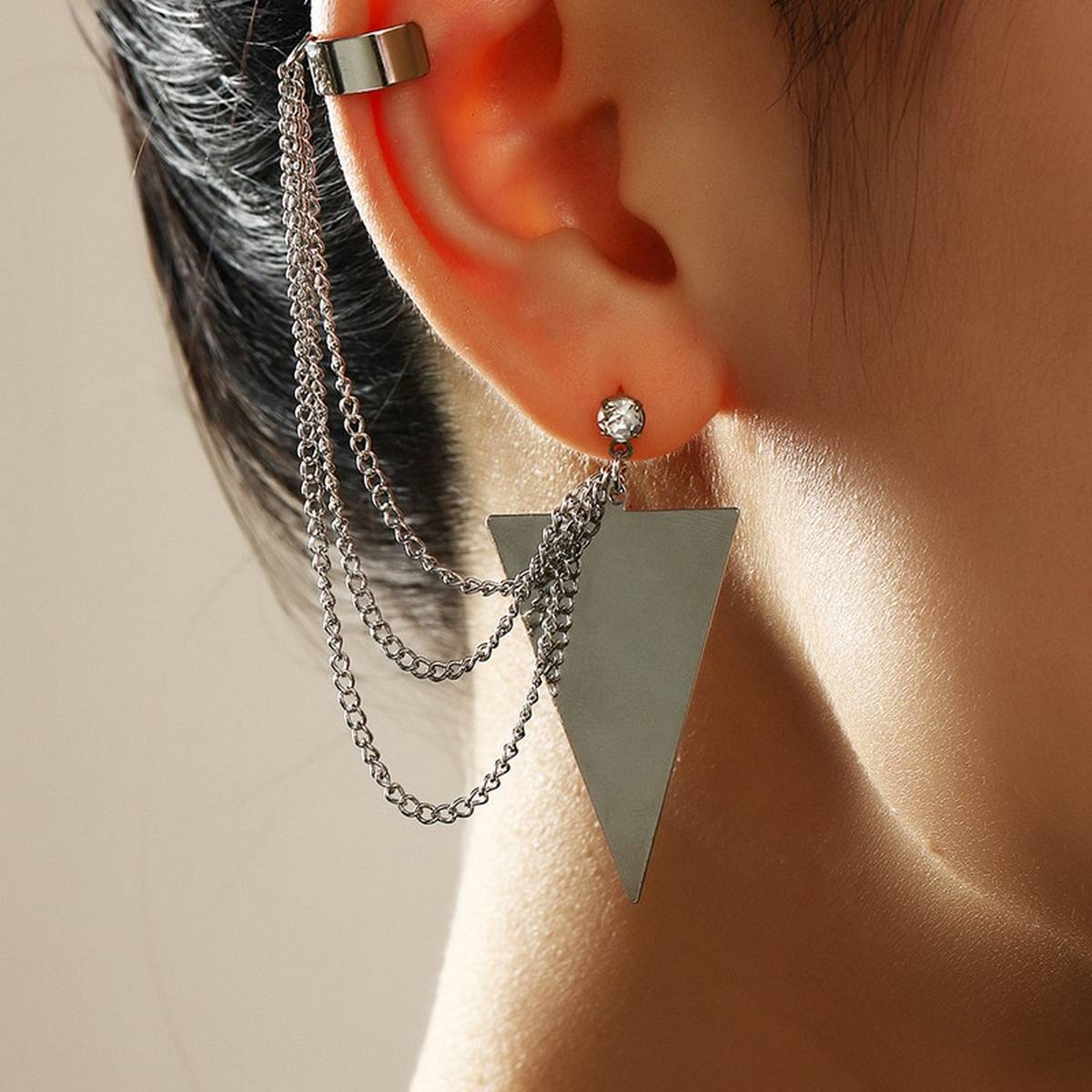 Pair Right & Left Trendy Ear Cuff Triangle Tassel Chain – Close Up – Accessories | Hanaya Pakistan