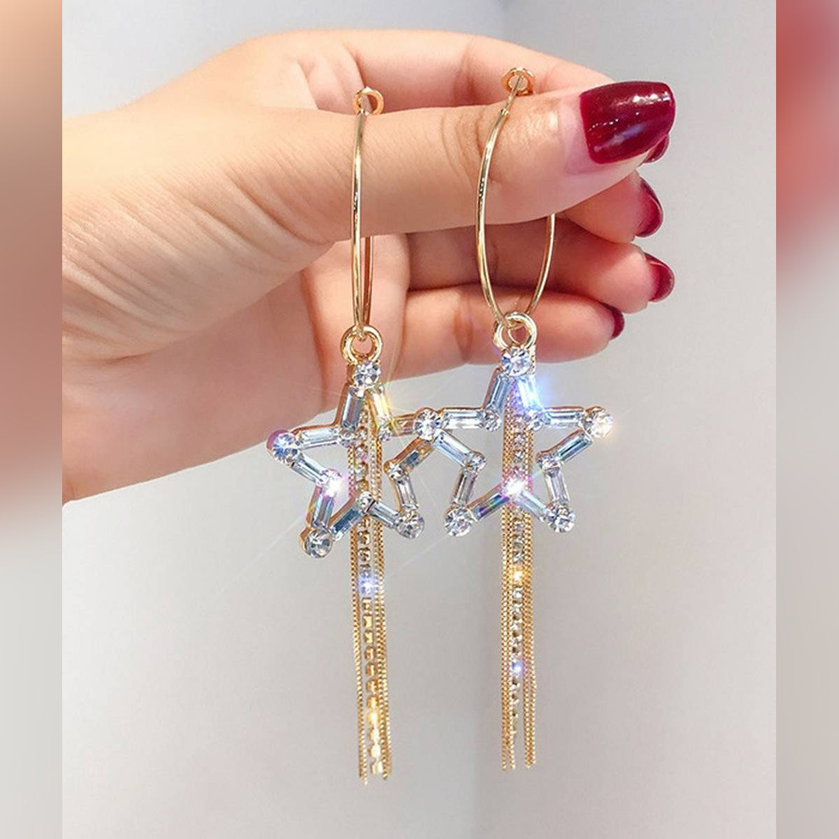 Trendy Tassel Long Star Crystal Zircon Elegant Earring – Accessories Online in Pakistan | Hanaya