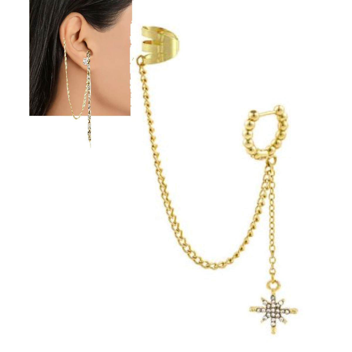 Pair Left & Right Tassel Chain Pearl Long Cuff Drop Earrings – Image 3 of 10