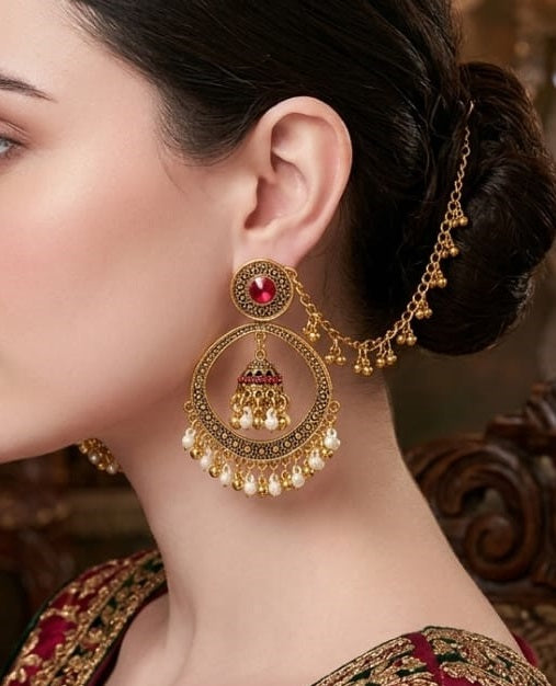 Sahara Jhumka Earrings for Women Bridal Wedding Jhumki Crystal Earring Party Wear Traditional Danglers with Chain