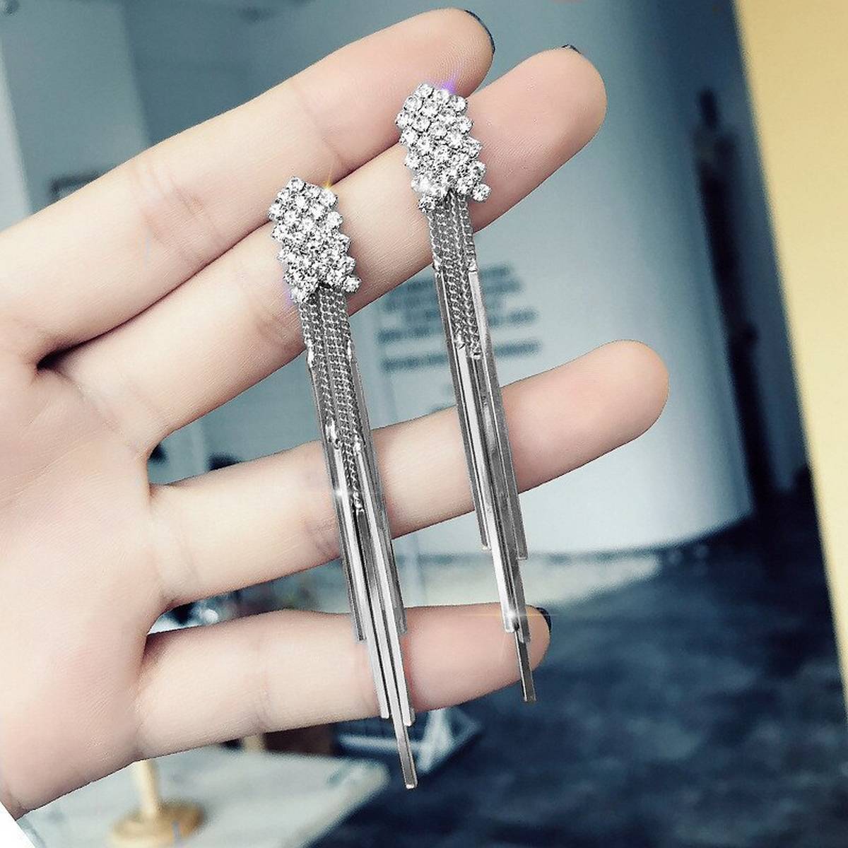 Trendy Korean Classy Silver Crystal Tassel Earrings – Accessories Online in Pakistan | Hanaya