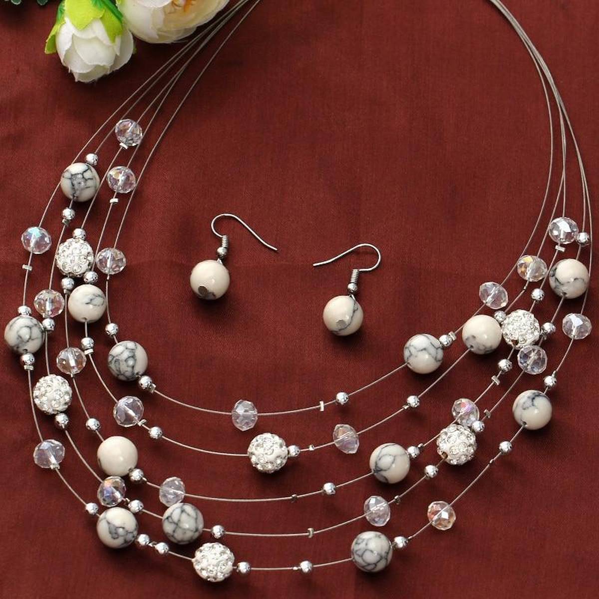 Coral Stone Beads Bohemian Crystal Silver Multilayer Chocker Necklace Earrings Set – Accessories Online in Pakistan | Hanaya