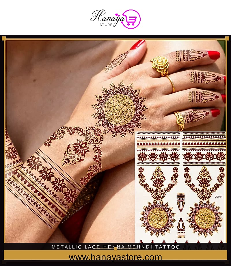 Metallic lace henna mehndi tattoo stickers – gold waterproof bridal body art Pakistan – Hanaya Store