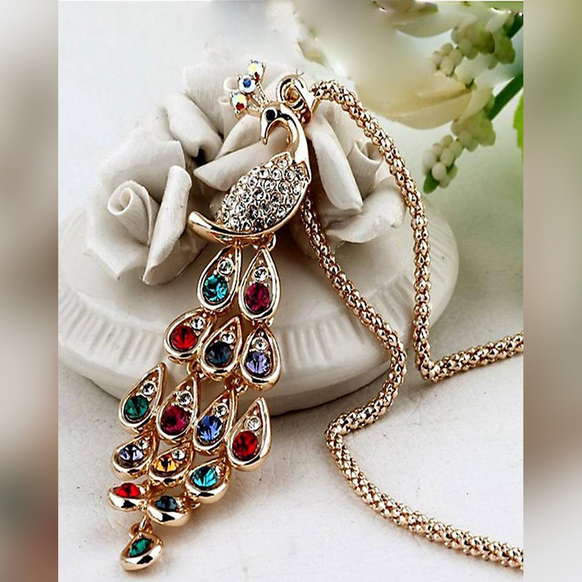 Rhinestone Colorful Shinny Trendy Crystal Necklace High Quality Pendant Peacock – Accessories Online in Pakistan | Hanaya