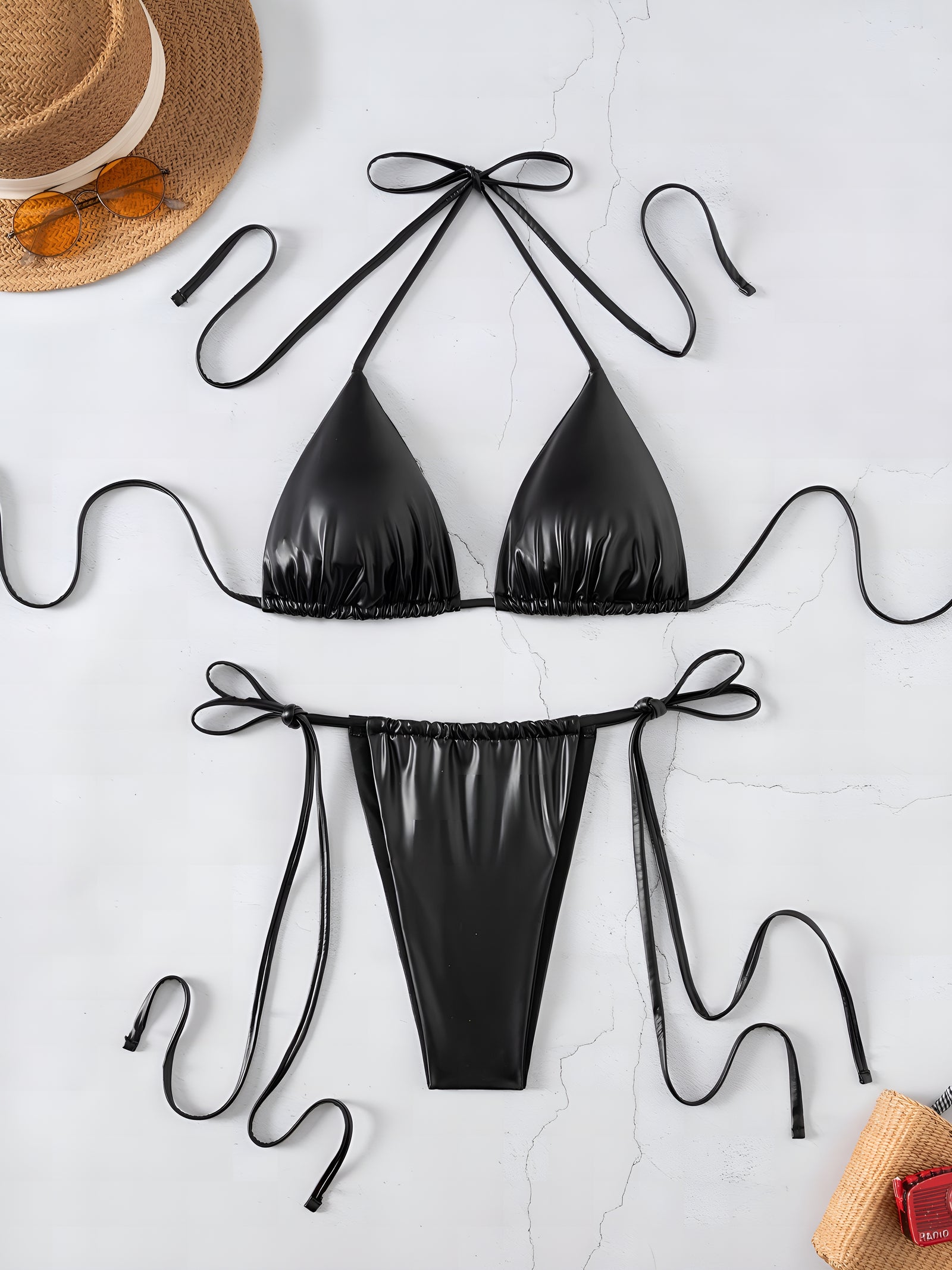 Faux Leather Style Premium Quality One Size (Fits:30-70 KGS) Bra set Lingerie Set Women Trendy Underwear Bikini Three-poin...