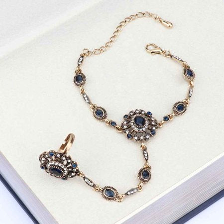 Trendy Royal Turkish Wedding Adjustable Bracelet Linked Classy Finger Ring – Image 2 of 2