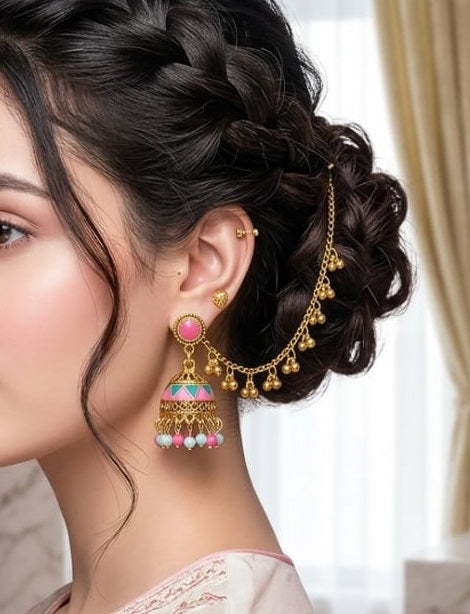 Sahara Jhumka Earrings for Women Bridal Wedding Jhumki Crystal Earring Party Wear Traditional Danglers with Chain
