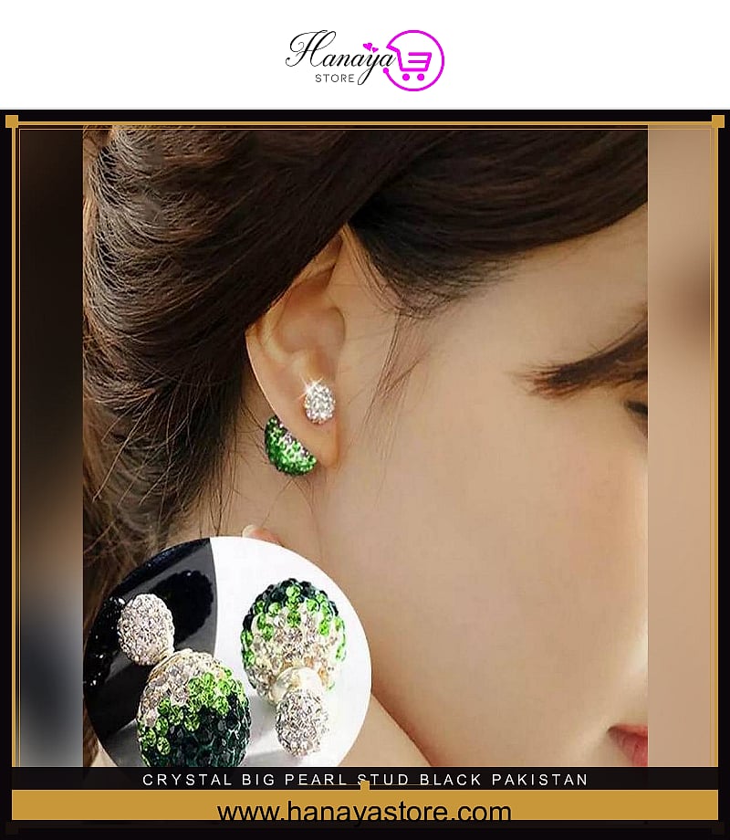Crystal Big Pearl Stud Black Pakistan Flag Shade Earrings For Women – Accessories Online in Pakistan | Hanaya