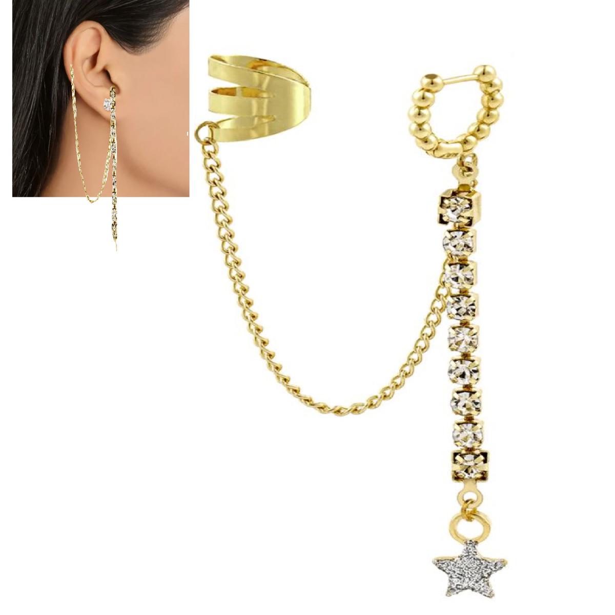 Pair Left & Right Tassel Chain Pearl Long Cuff Drop Earrings – Image 7 of 10