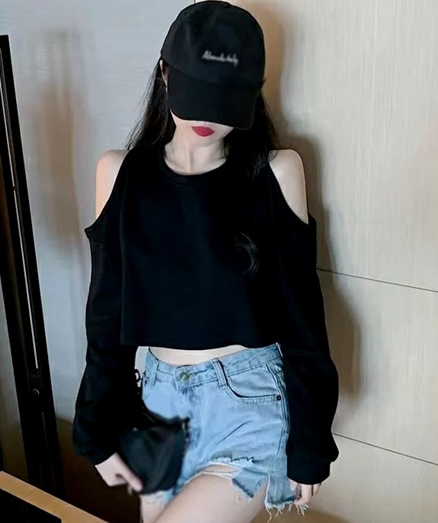 Women's Cold Shoulder O Neck Long Sleeve Crop Top – Casual Summer/Autumn Basic Tee – Lifestyle – Buy Accessories Pakistan ...