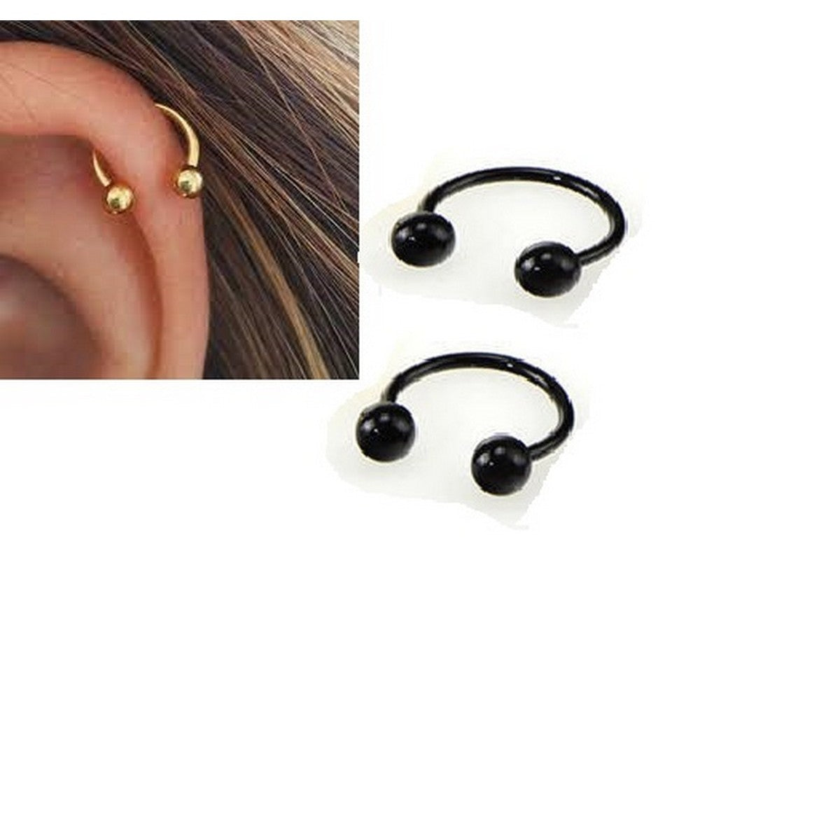 2 Pieces 12MM Cartilage Helix Stud Tragus Ear Piercing Plug HorseShoe Earring – Image 3 of 9