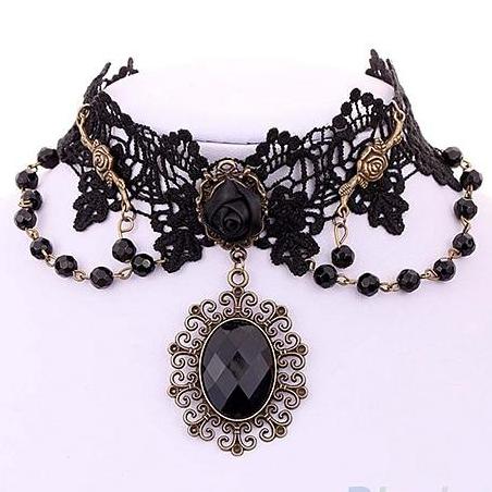 Trendy Vintage Black Flower Lace Choker Necklace Beads Chain Pendant Rose Style -FREE Gift Box – Close Up – Accessories | ...