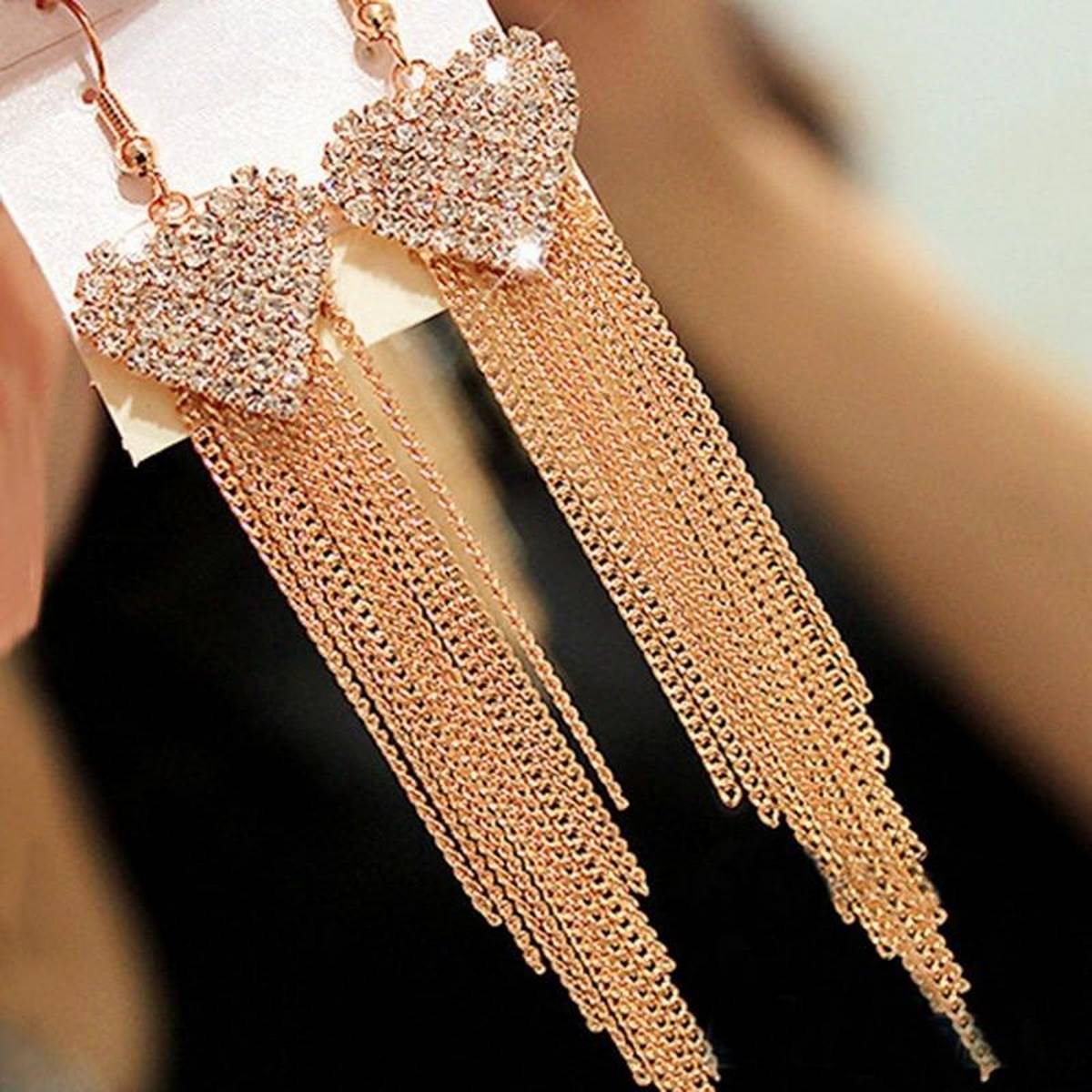 Trendy Classy Heart Golden Tassel Elegant Earrings – Earrings Online in Pakistan | Hanaya