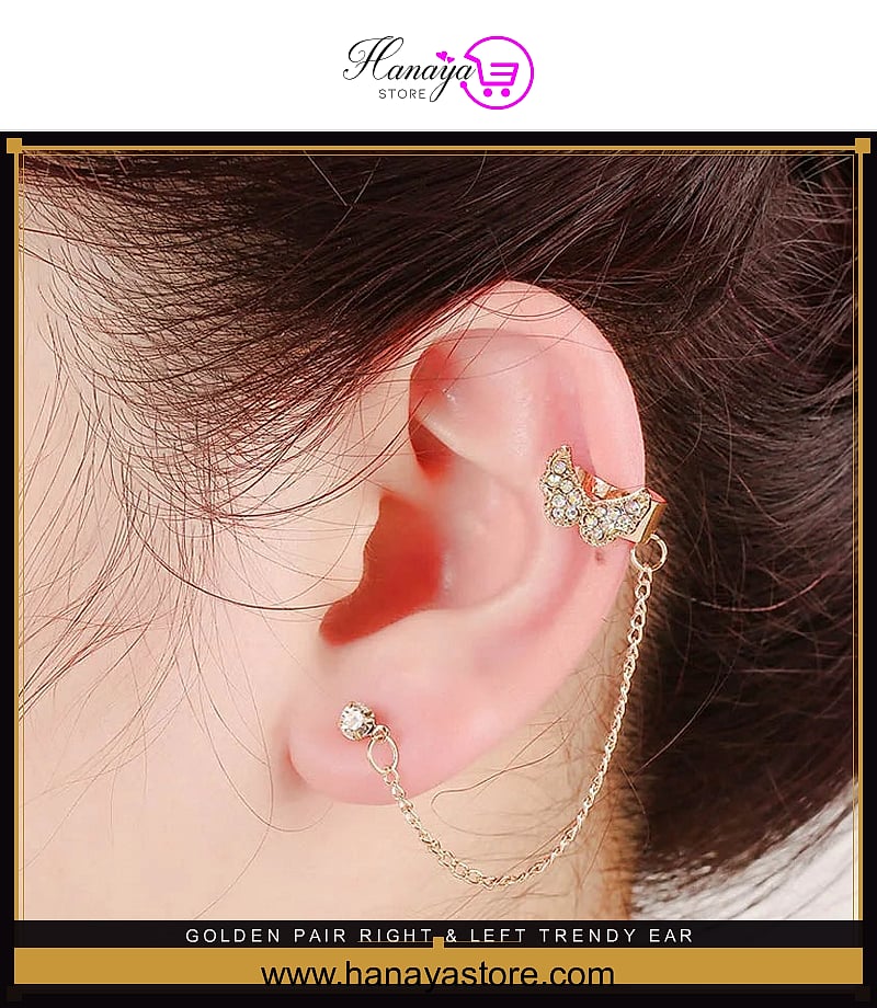Golden Pair Right & Left Trendy Ear Cuff Butterfly Tassel Chain