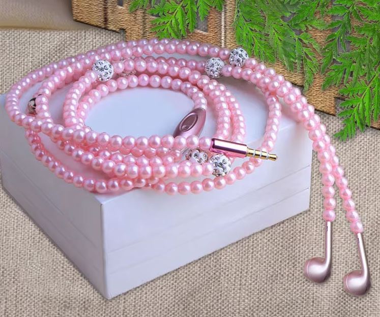 Pearl necklace earphone with pink rhinestone – jewelry in-ear handsfree with mic Pakistan – Hanaya Store