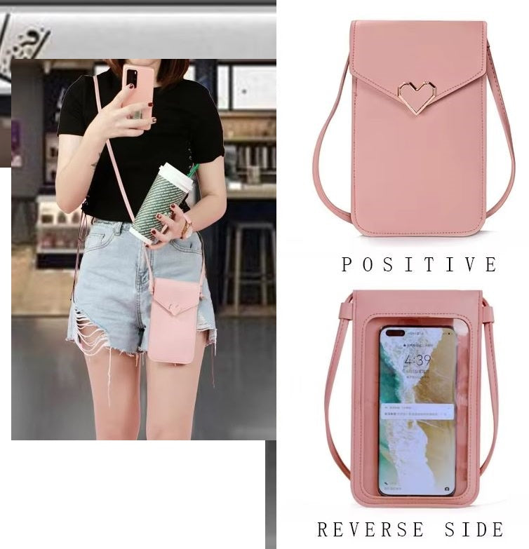 Women PU Leather Cell Phone Bag – Transparent Shoulder Handbag Clutch Wallet Purse with Card Holders – Mini Crossbody Mobi...