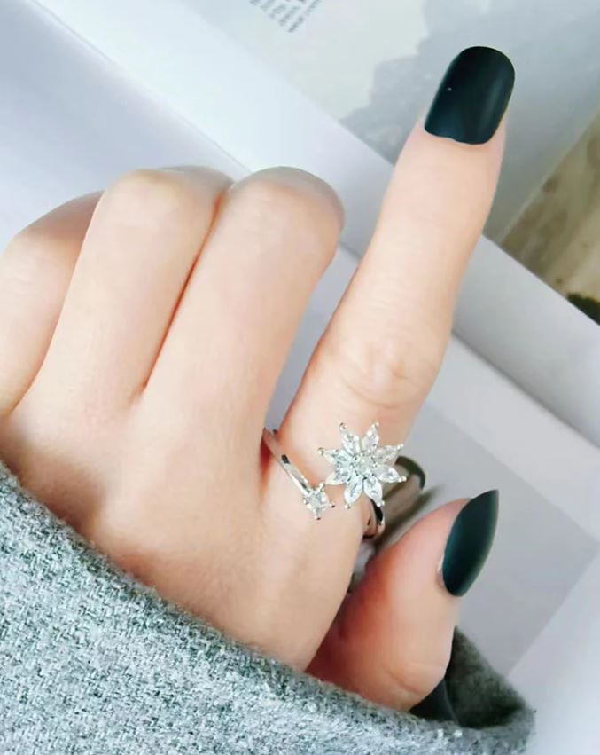 ROTATABLE Adjustable Silver Zircon Flower Ring for Women Anti Anxiety Rings– One Size Fashion Jewelry for Party, Wedding, Gift & Daily Wear – Image 2 of 2