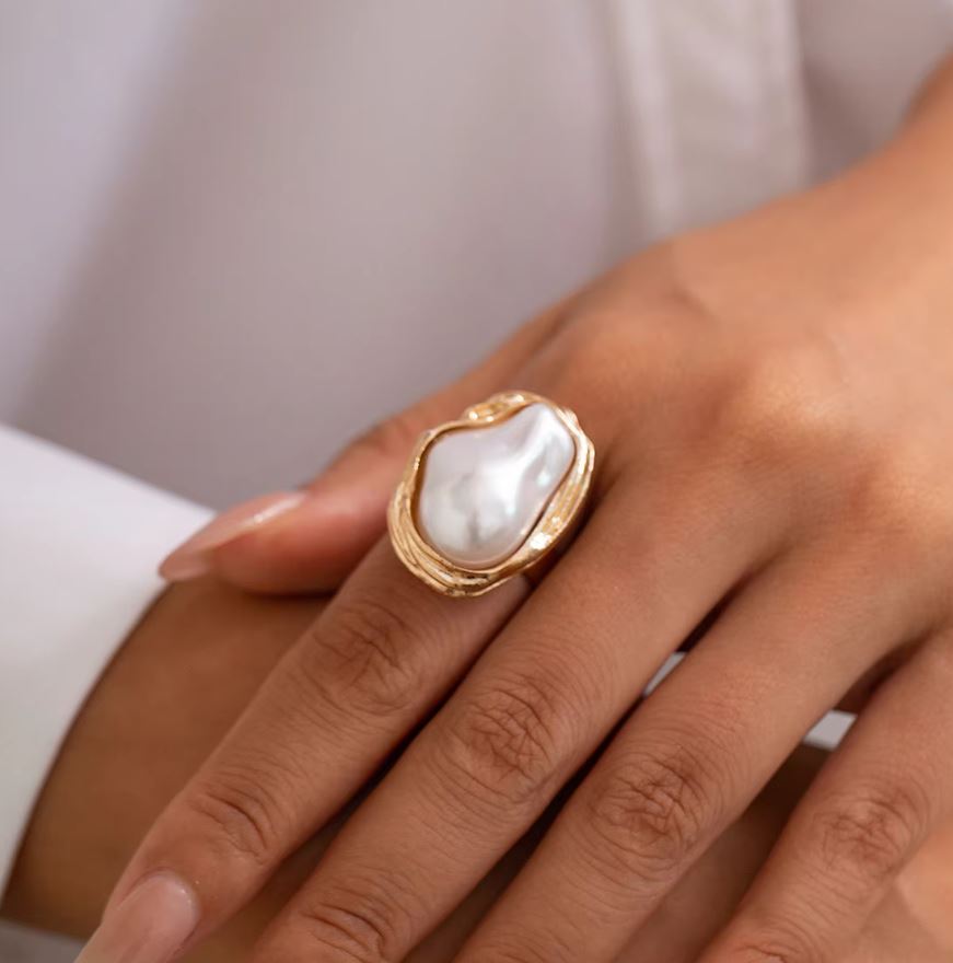 Imitation Pearl Adjustable Ring for Women – Elegant Alloy Open Band Wedding & Banquet Jewelry – Accessories Online in Paki...