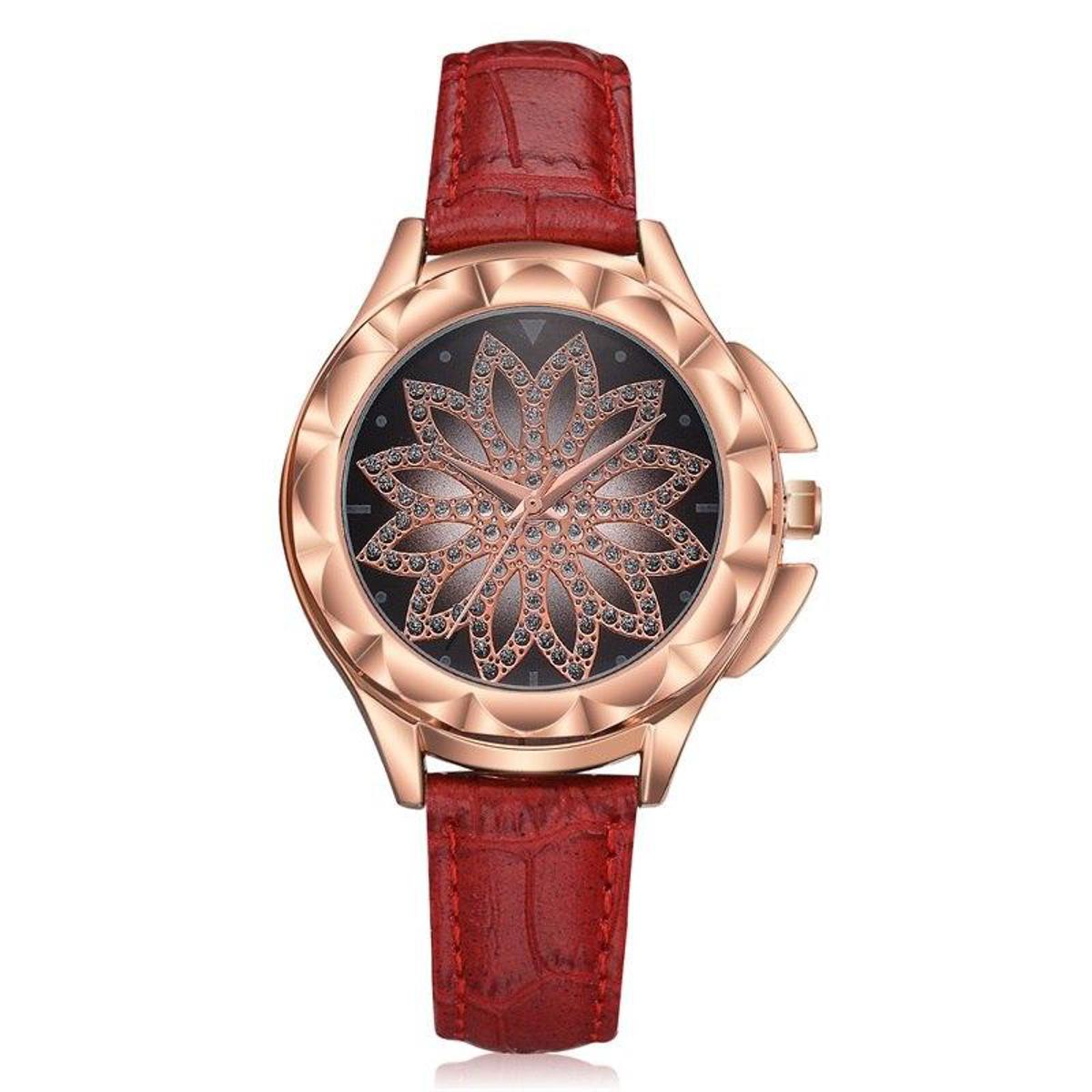 Luxury Rhinestone Flowers Crystals Trendy Red Watch PU Leather Quartz Wristwatch -FREE Gift BOx – Accessories Online in Pa...