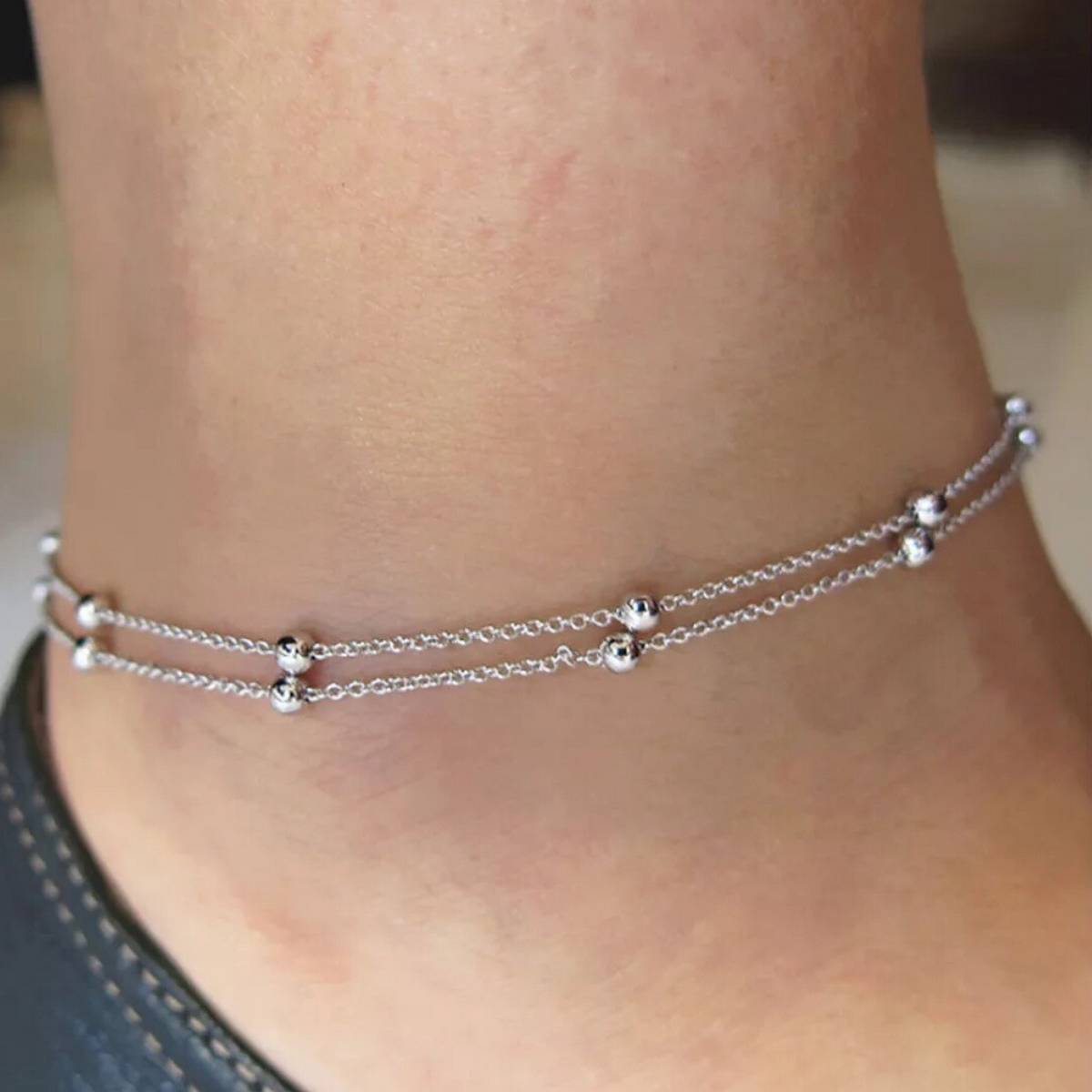 Close-up of double-layer beaded anklet – Korean fashion payal for women Pakistan – Hanaya