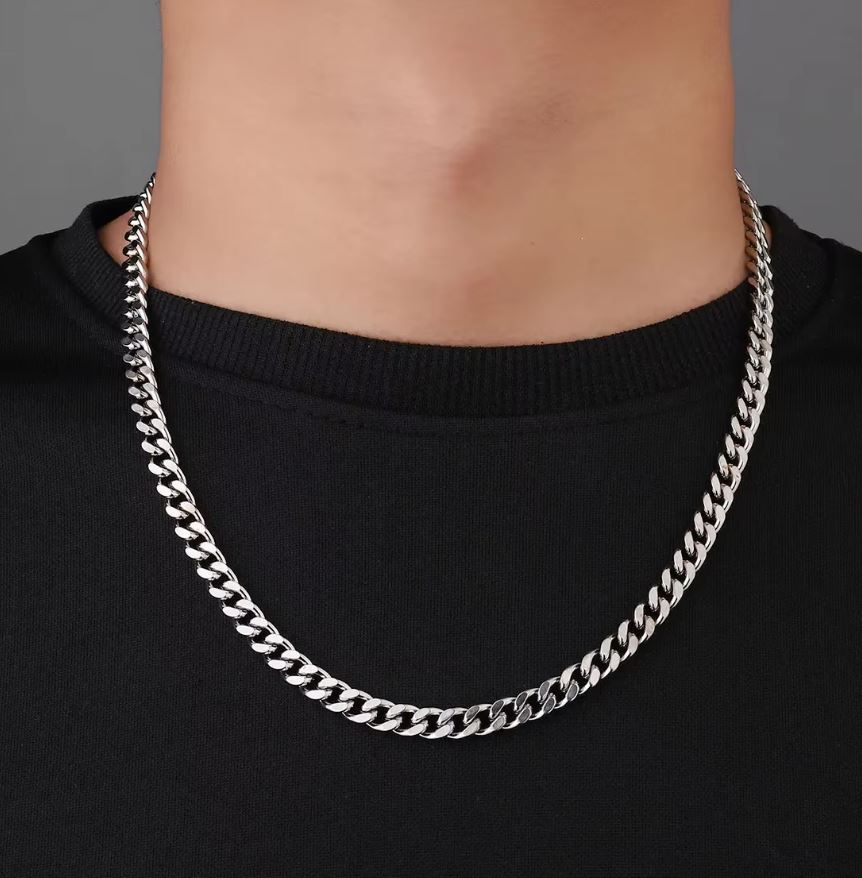 Steel 7mm Cuban Link Necklace - Four Side Grinding Chain, 40mm Length – Accessories Online in Pakistan | Hanaya