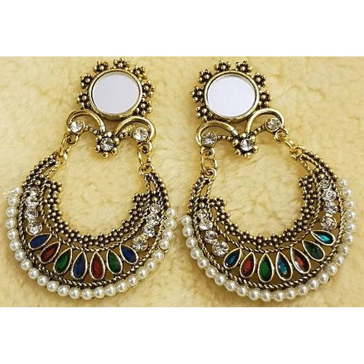 Antique Mirror Jhumka Earrings Meenakari Vintage Earrings Kundan Pearl Polki traditional Style – Earrings Online in Pakist...