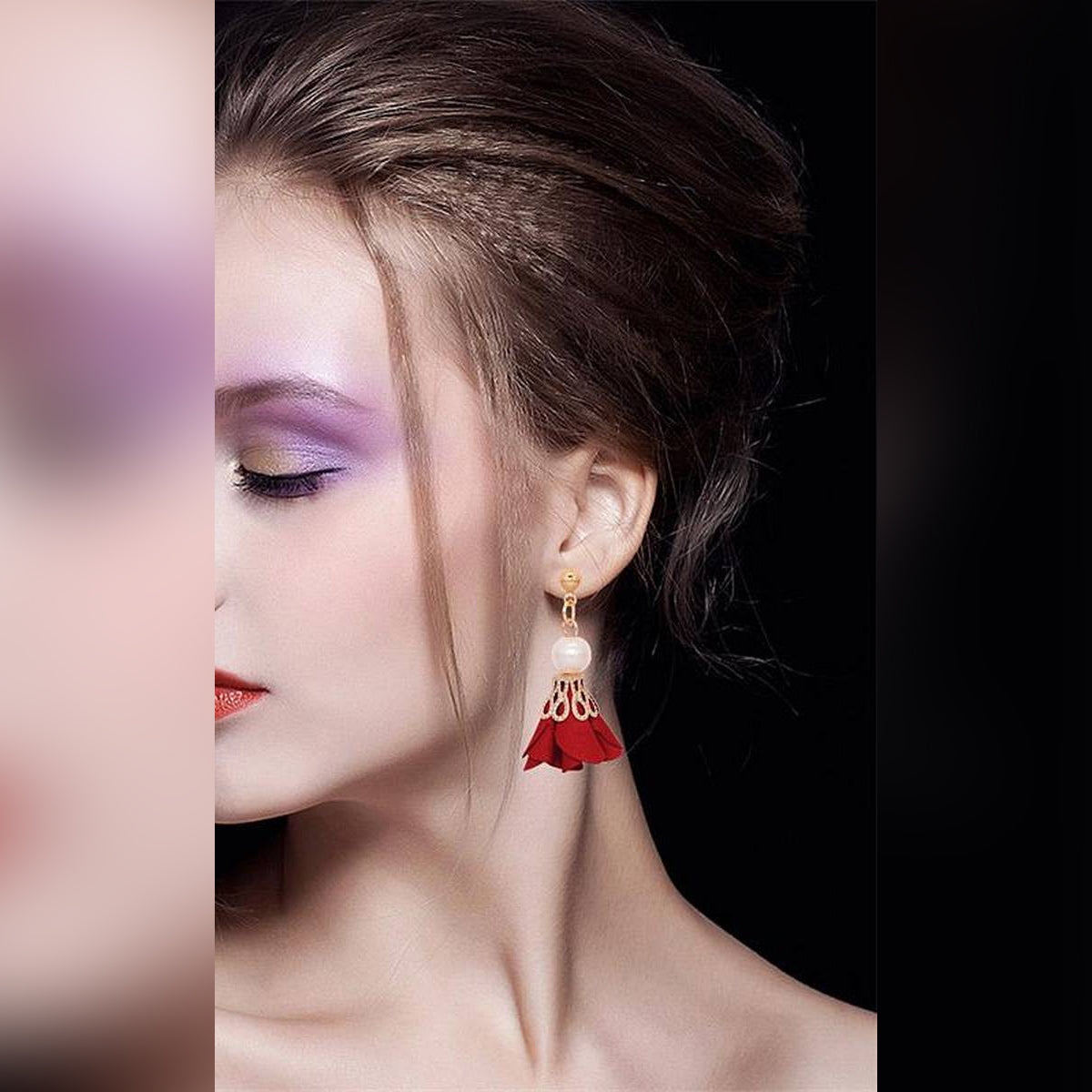 Trendy Fashion Metal Ball Earrings Simulated Pearl Cloth Art Flowers Drop Earrings