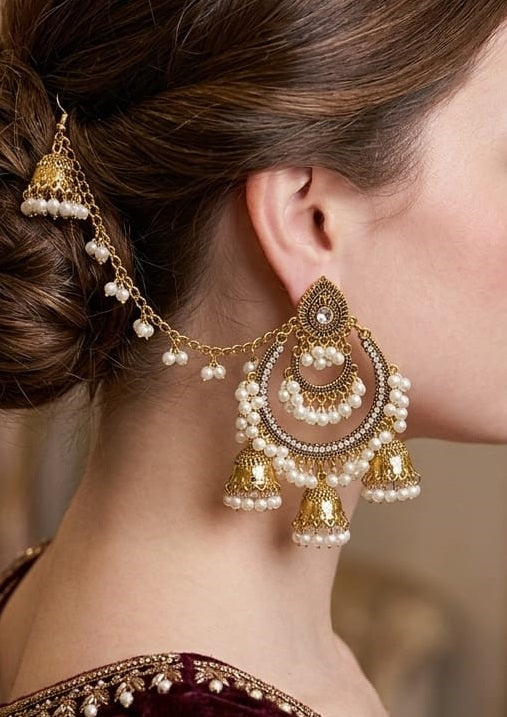 Sahara Jhumka Earrings for Women Bridal Wedding Jhumki Crystal Earring Party Wear Traditional Danglers with Chain