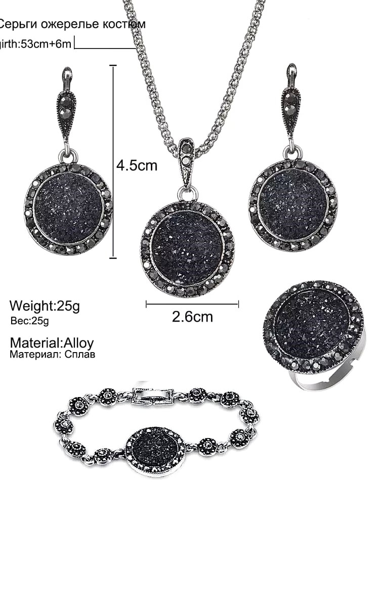 3 pcs Vintage Turkish Rhinestone Necklace Earrings Ring Set Bohemia Black Broken Stone -FREE Gift Box – Close Up – Accesso...