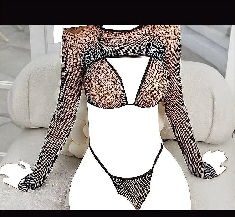 3 Pcs Fishnet Lingerie Set One Size Hollow Out Dress Shirt Body Long Sleeve Cosplay Black T Shirt Fishnet Underwear Base Clothes – Lingerie Bra Set Ladies Undergarments Pakistan | Hanaya Store