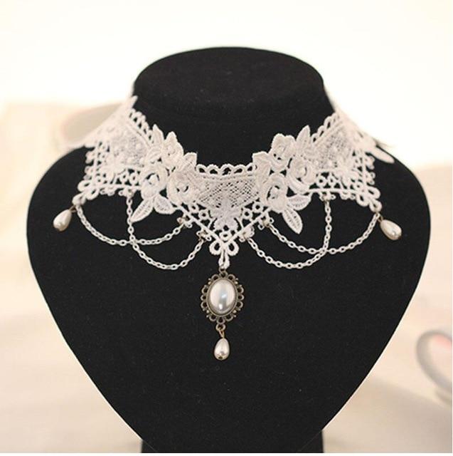 Elegant White Vintage Imitation Pearl White Lace Statement Choker Necklaces – Close Up – Accessories | Hanaya Pakistan