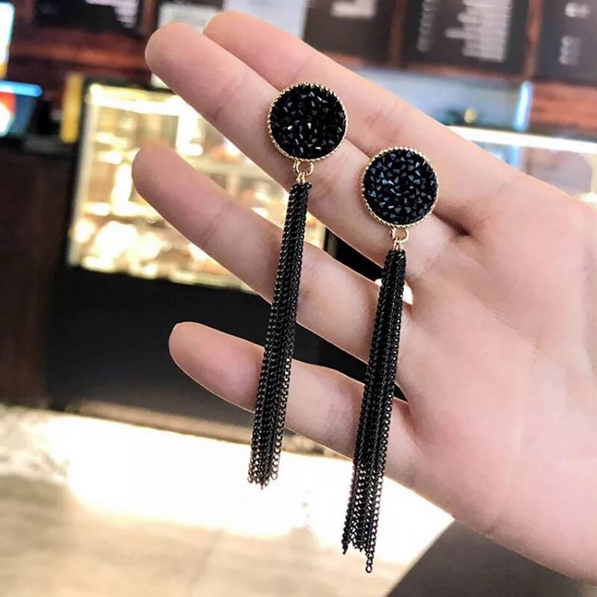 Zircon Stud Retro long Tassel Exaggerated Chain Black Crystal Long Earrings – Earrings Online in Pakistan | Hanaya